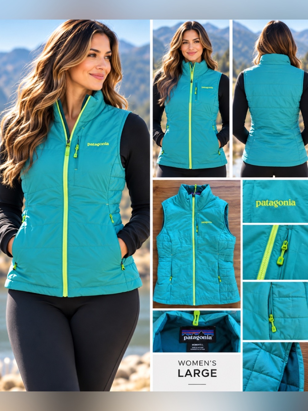 Patagonia Women's Teal Vest with Neon Yellow Zipper